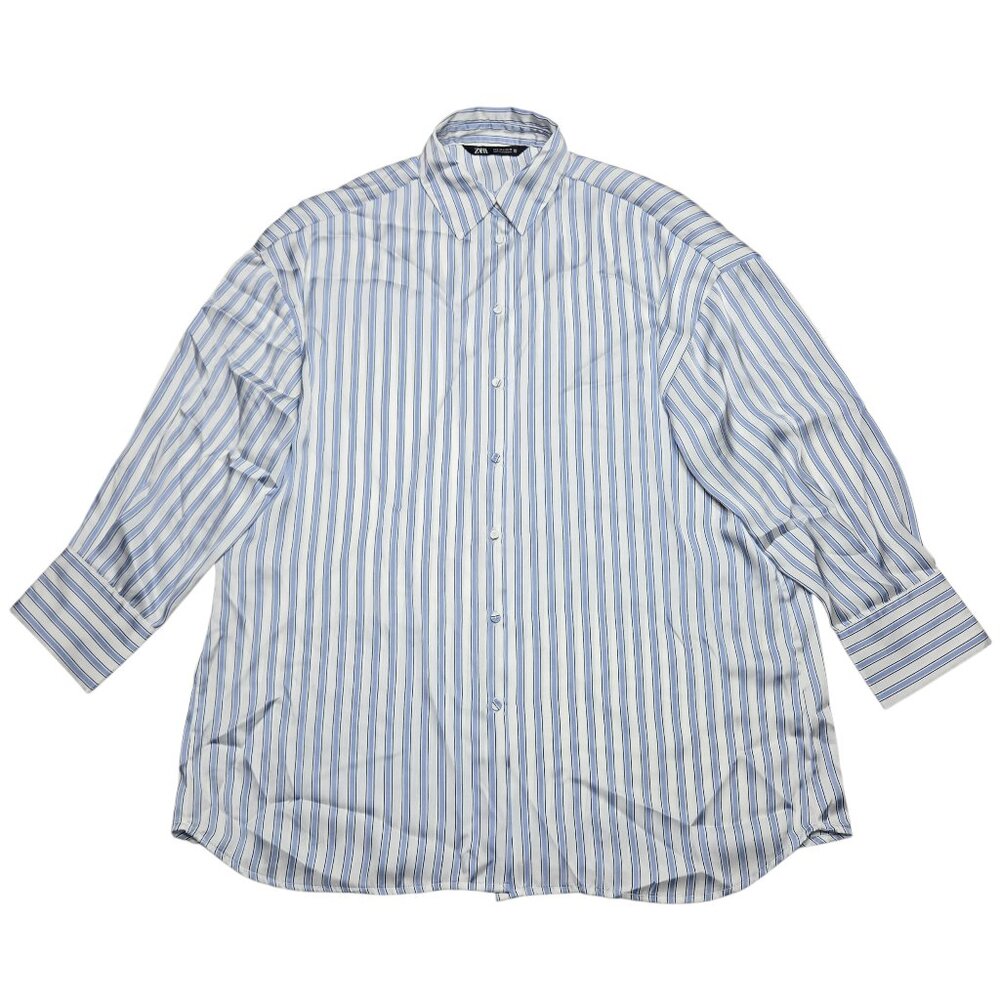 Zara Shirt Womens Small Blue White Striped Button Down 3/4 Sleeve Collared